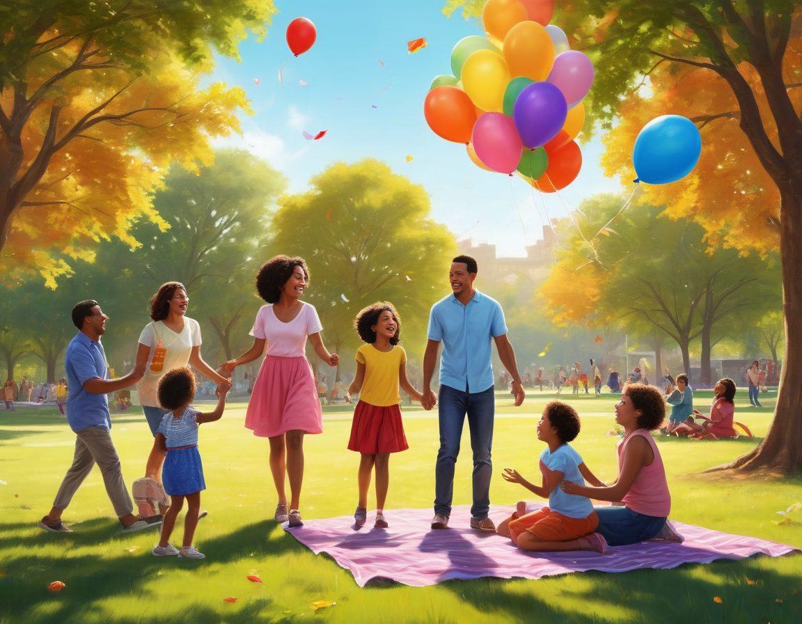 A lively scene depicting diverse families joyfully interacting in a sunlit park, showcasing bonds through laughter, play, and shared meals. Incorporate elements like children flying kites, adults enjoying a picnic, and colorful balloons in the background. The atmosphere should feel warm and inviting, reflecting harmony and happiness in community relationships. vibrant colors. super-realistic.