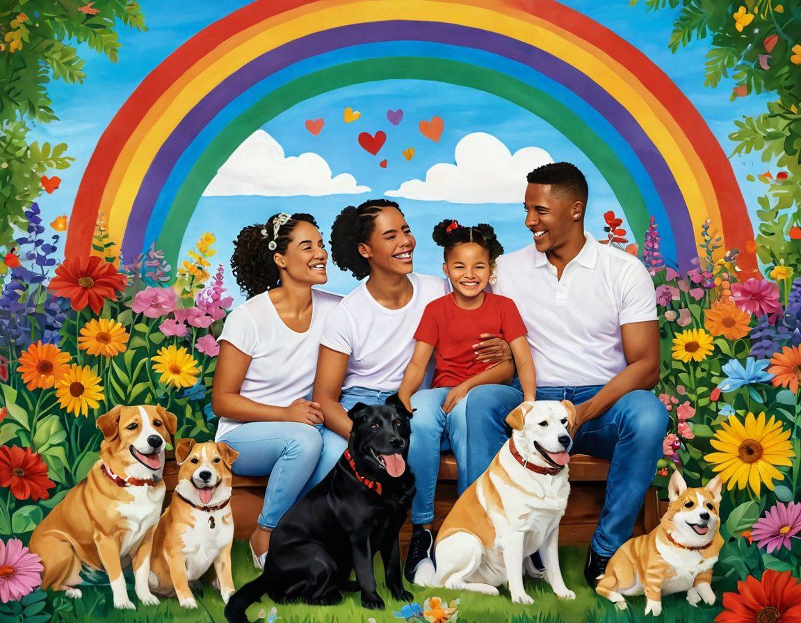 A colorful, whimsical scene depicting a diverse LGBTQ family joyfully engaging in various activities together, surrounded by vibrant flowers and hearts symbolizing love. Include a cheerful rainbow in the background, children playing with pets, and parents smiling at each other. The atmosphere should radiate warmth, acceptance, and joy. vibrant colors. super-realistic.