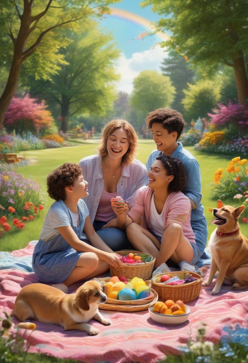 A vibrant, sunlit picnic scene featuring a diverse queer family laughing and sharing joyful moments. The background showcases a park filled with colorful flowers and playful pets, while the family engages in various activities like playing games, cooking, and enjoying each other's company. Emphasize expressions of love, happiness, and inclusivity, surrounded by rainbow motifs and soft pastels. super-realistic. vibrant colors. 3D.